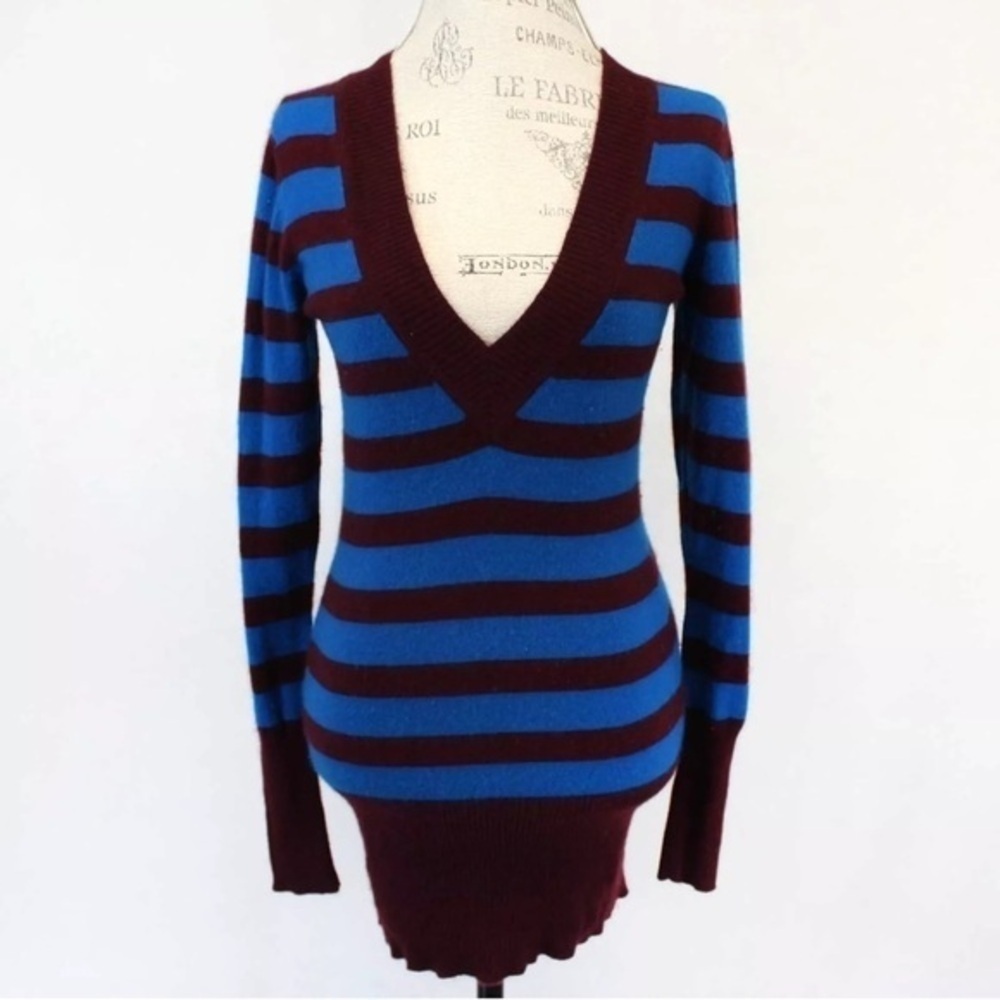 C&C California 2-Ply 100% Cashmere Knit Brown/Blue V-Neck Tunic Sweater Small